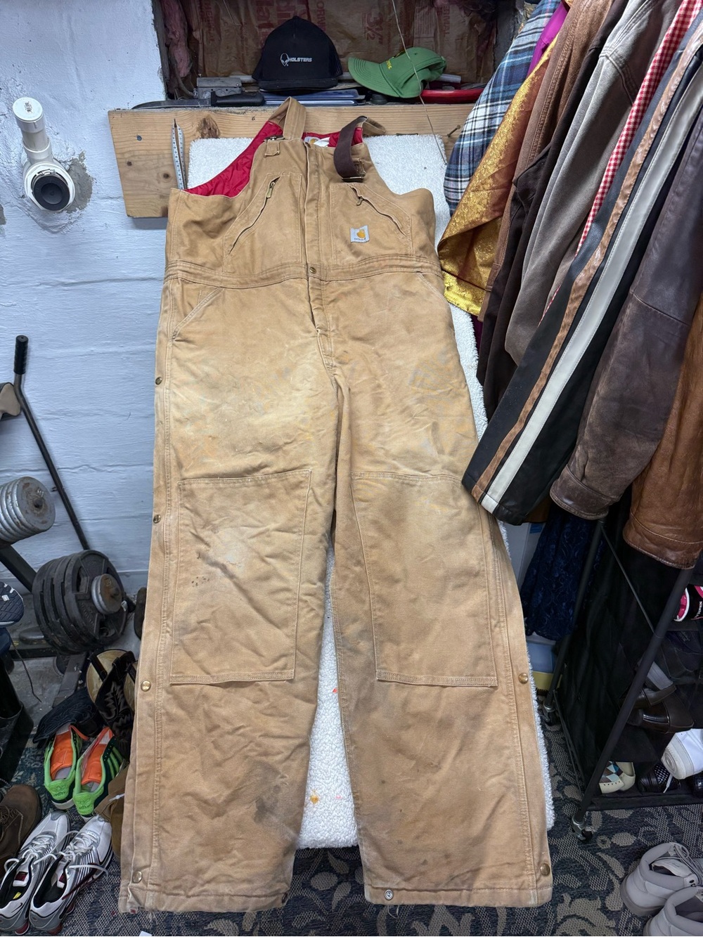 Vintage Carhartt duck canvas Red Quilted Lined tan bib overalls size 44/32